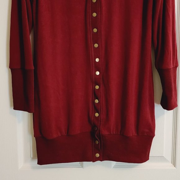 MEROKEETY Burgundy Long Gold Snap Cardigan Sweater Size M - Picture 5 of 12